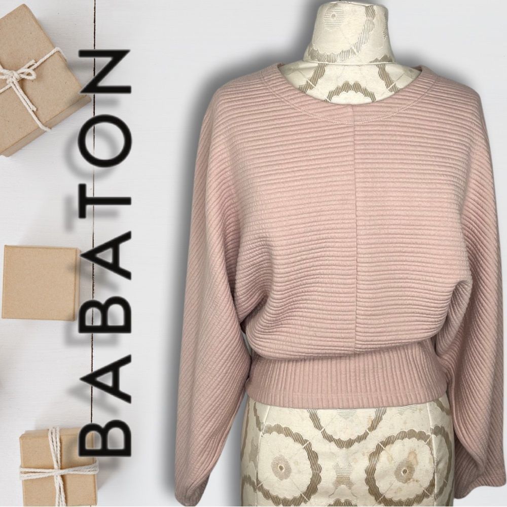 Aritzia Babaton Baby Pink Ribbed Dolman Long Sleeve Crewneck Sweater in Small